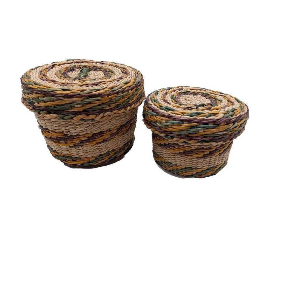 Hand Woven Basket w Lid - Wicker Ethnic Grass Straw Boho Tiny -  Green Yellow